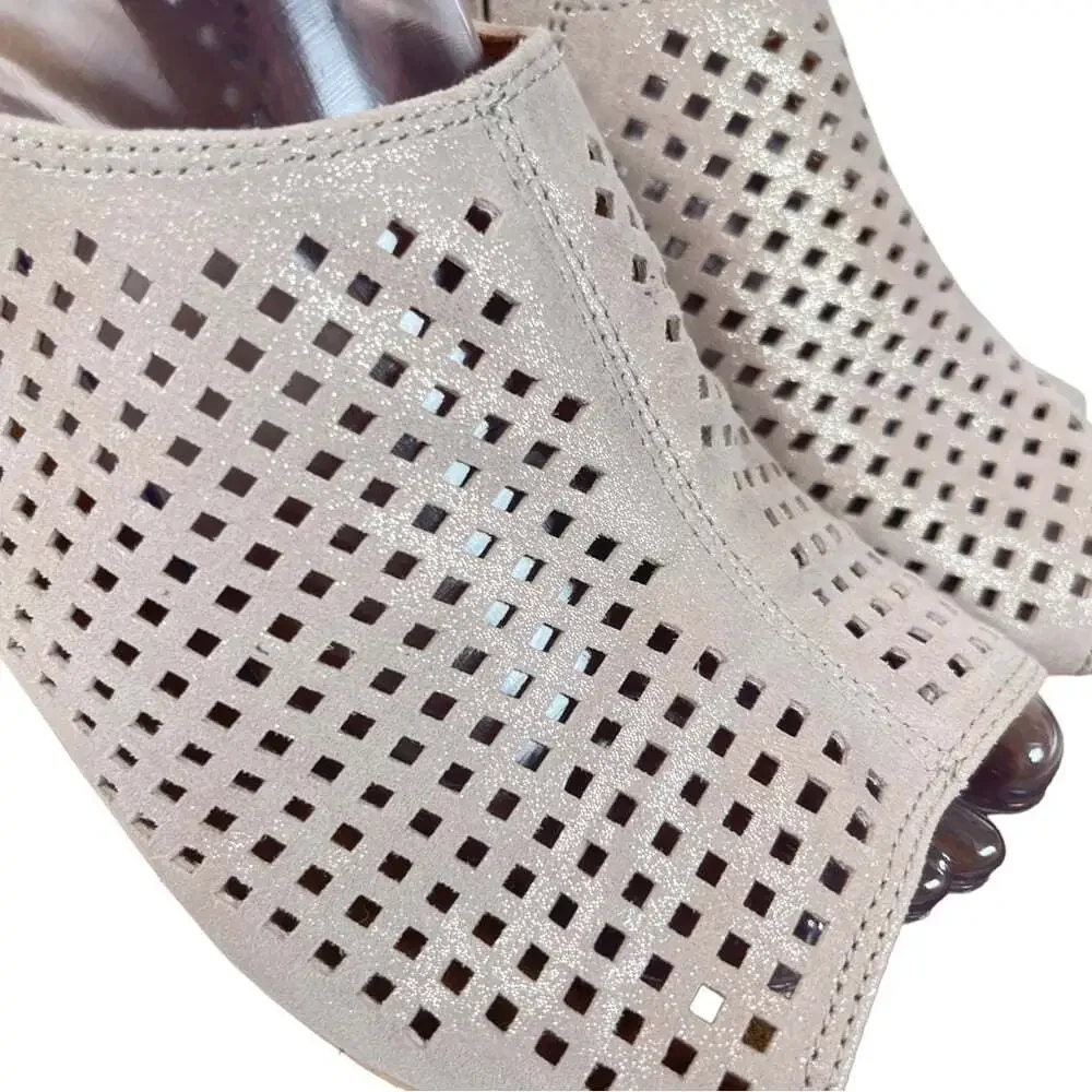 Rockport Briah Perforated Wedge Sandals Beige Suede Slingback Womens 8.5